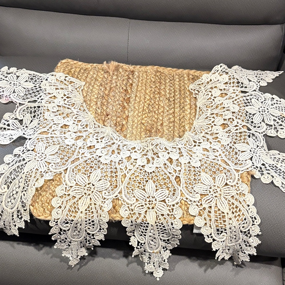 Elegant Lace Collar on Woven Beige Fabric